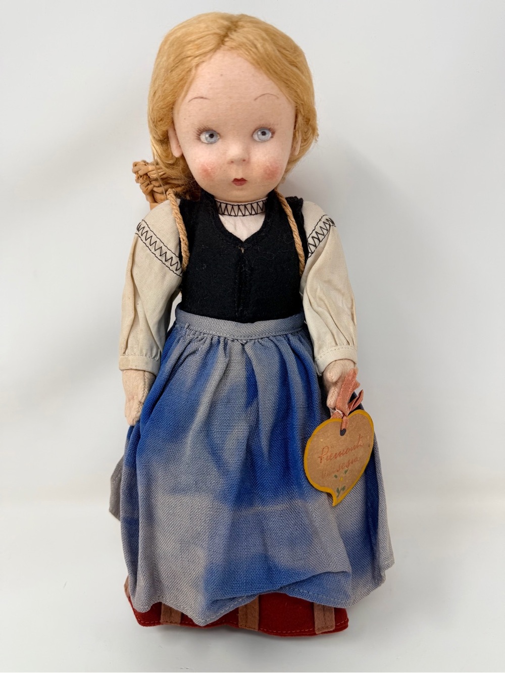 Piermonte Velsesia Vintage-Style Cloth Doll in Blue Skirt and Black Bodice